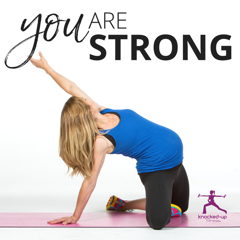 picture of pregnancy stretches third trimester with a sign saying 'you are strong'